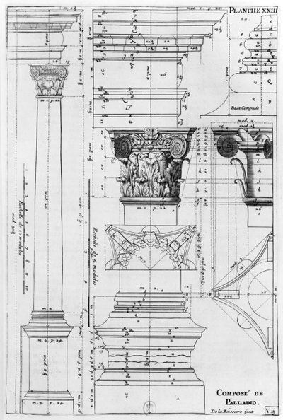 Section and Elevation of a Composite Column Designed by Andrea Palladio, Engraved by de La Boissiere, Illustration from 